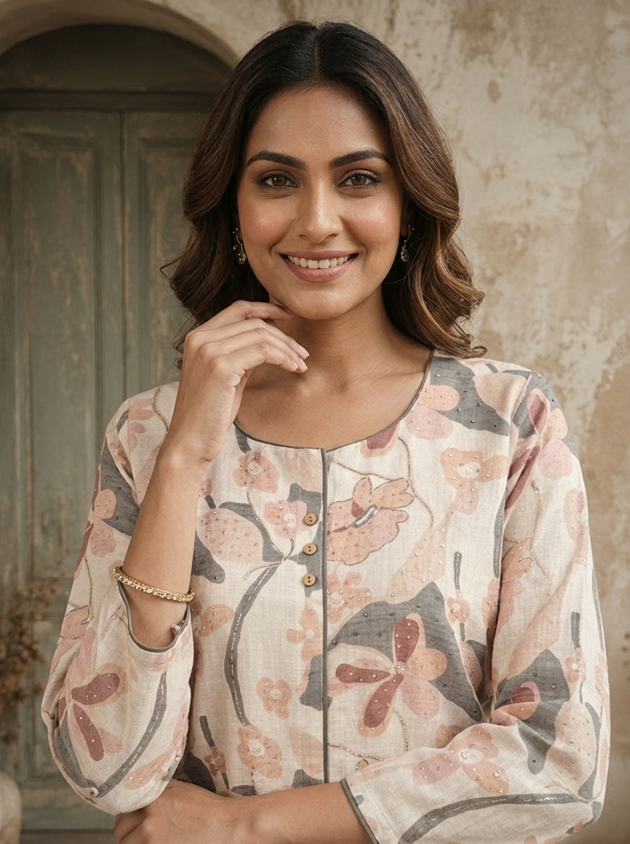 Cream Linen Digital Watercolor Floral Printed Kurta