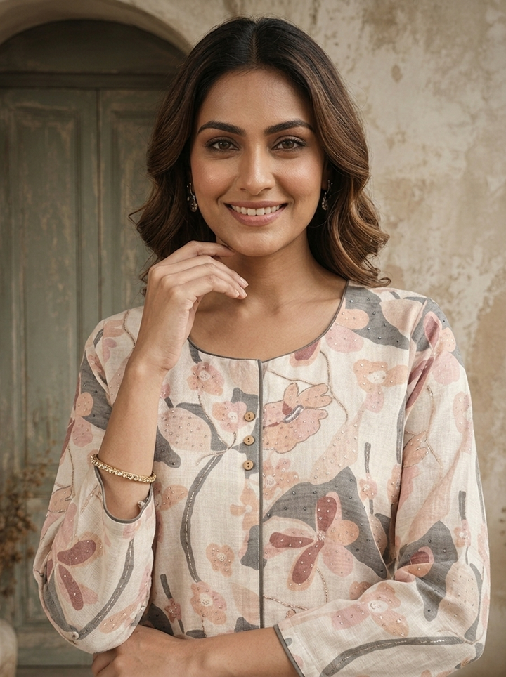 Cream Linen Digital Watercolor Floral Printed Kurta