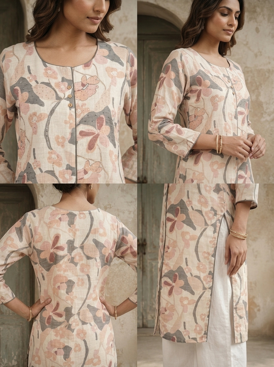 Cream Linen Digital Watercolor Floral Printed Kurta