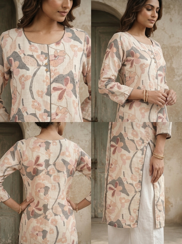 Cream Linen Digital Watercolor Floral Printed Kurta