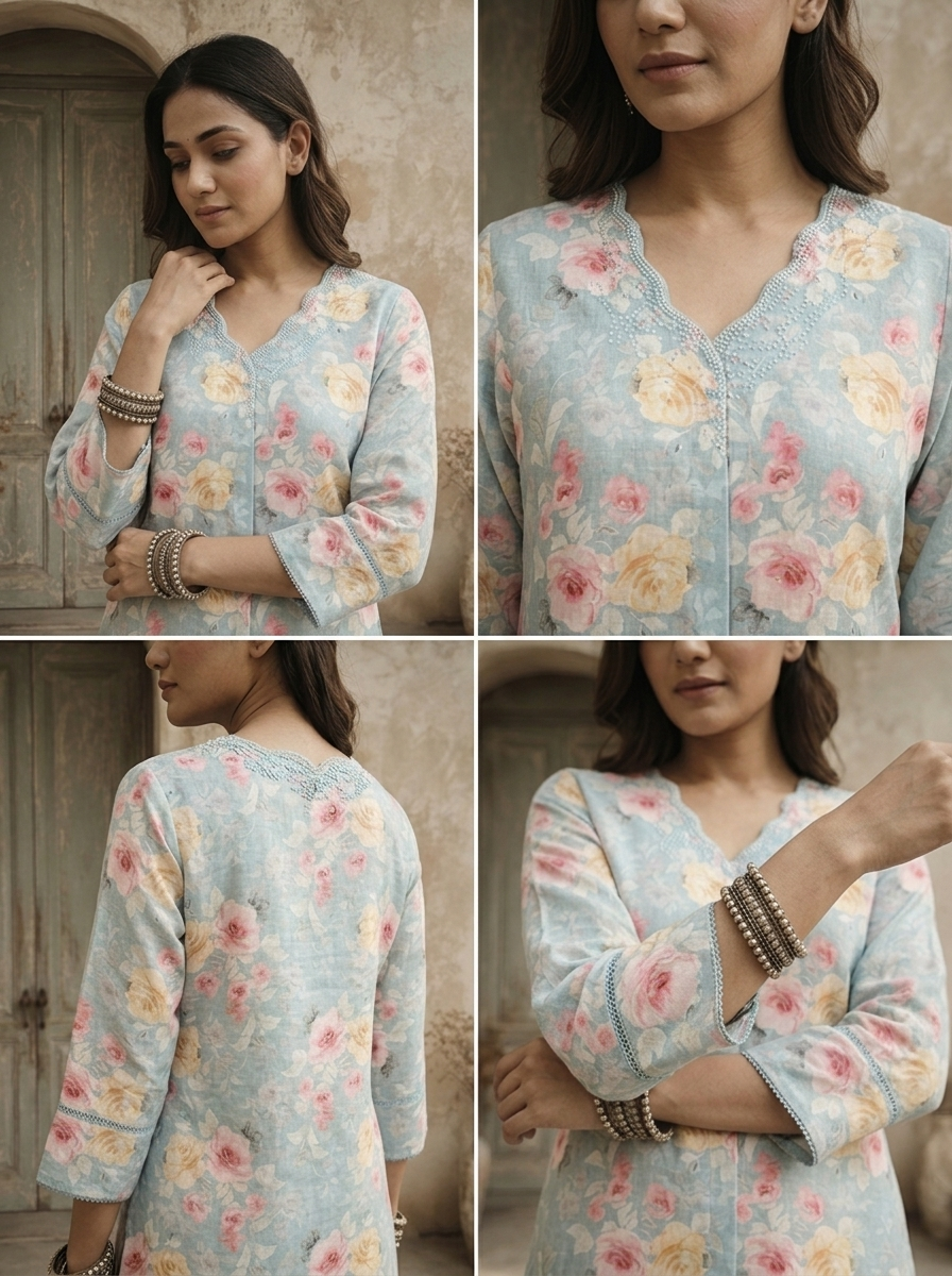 Sky Blue Linen Digital Watercolor Floral Printed Kurta