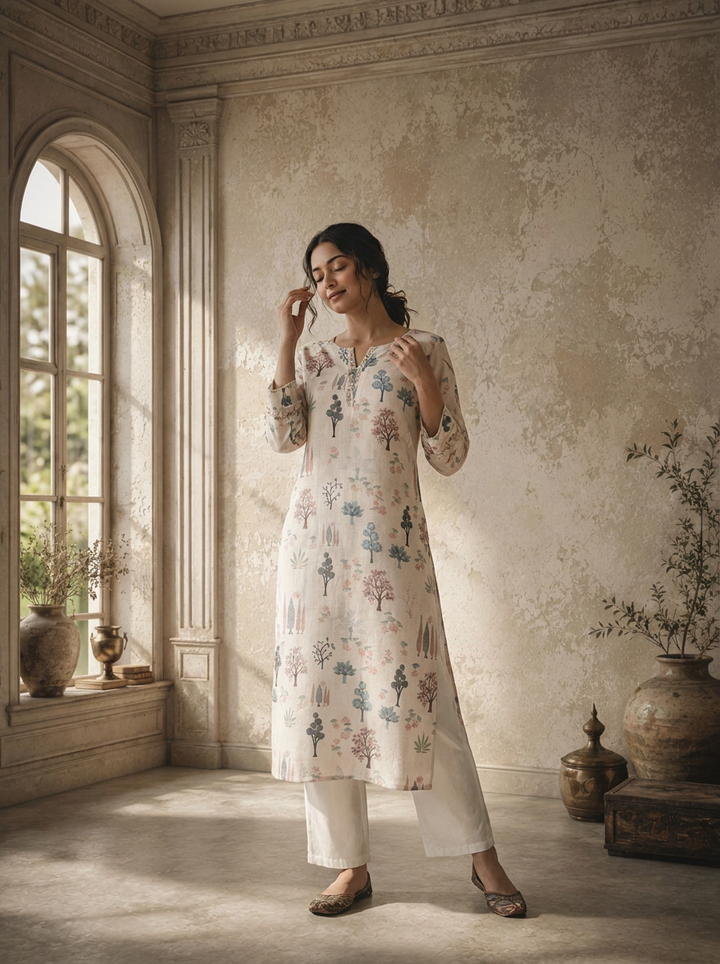 Cream Linen Botanical Tree Printed Kurta