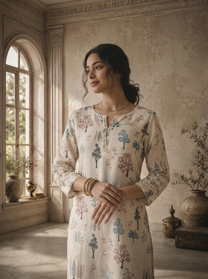 Cream Linen Botanical Tree Printed Kurta