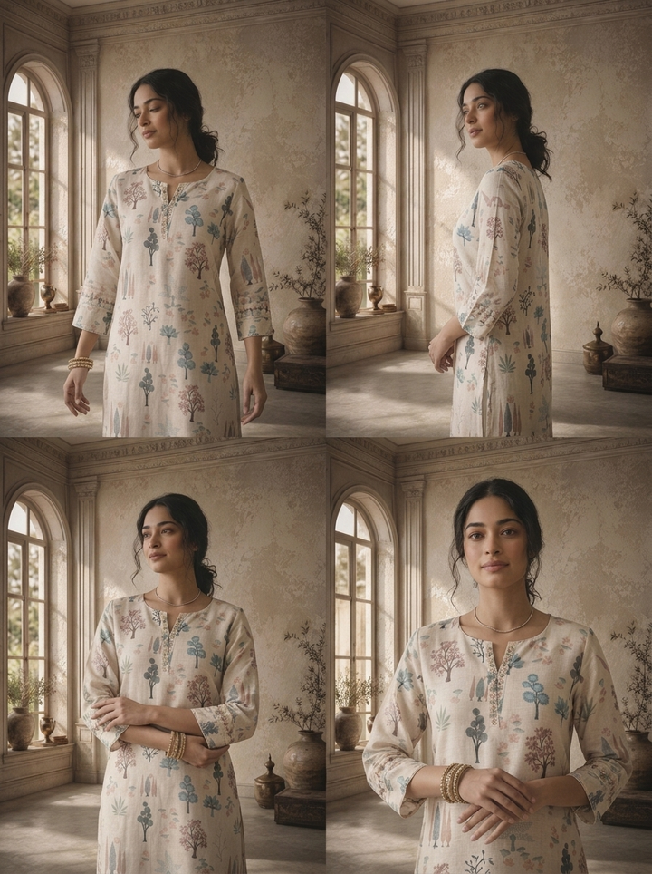 Cream Linen Botanical Tree Printed Kurta