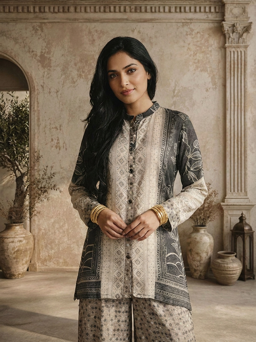 Graphit Crepe Patchwork Block Printed Two Piece Set