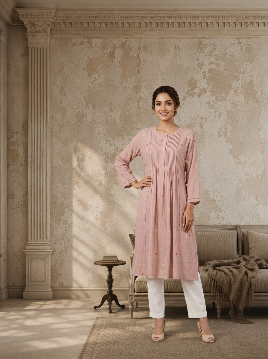 Baby Pink Rayon Floral Booti Embroidered Kurta
