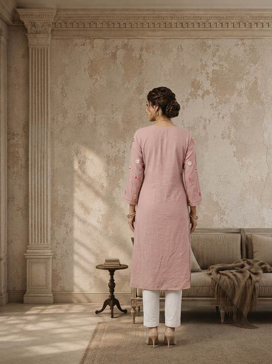 Baby Pink Rayon Floral Booti Embroidered Kurta