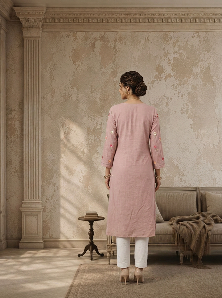 Baby Pink Rayon Floral Booti Embroidered Kurta