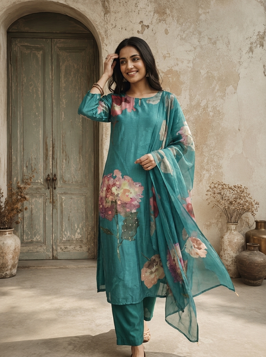 Teal Blue Silk Watercolor Floral Printed Three Piece Set