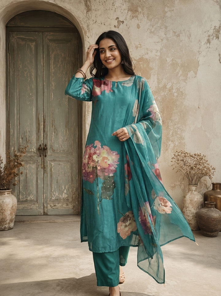 Teal Blue Silk Watercolor Floral Printed Three Piece Set