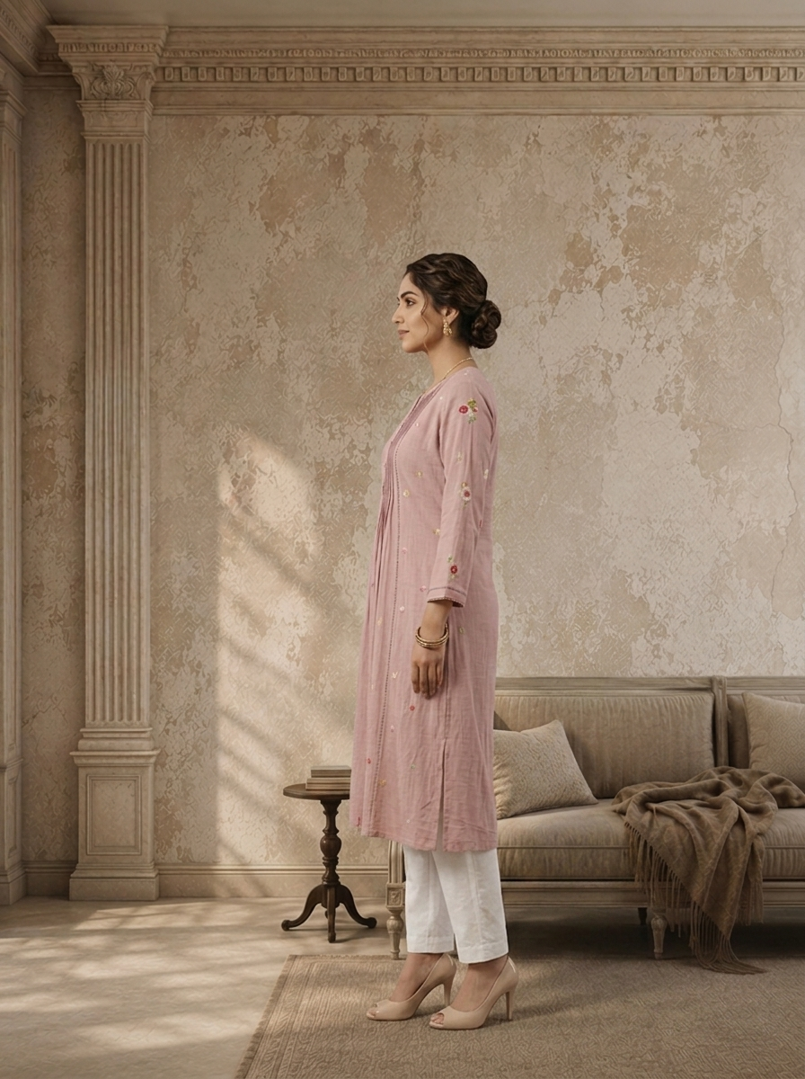 Baby Pink Rayon Floral Booti Embroidered Kurta