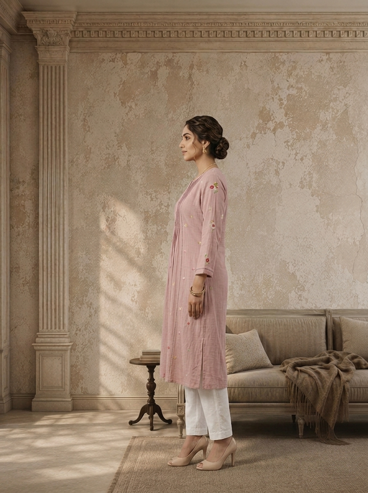 Baby Pink Rayon Floral Booti Embroidered Kurta
