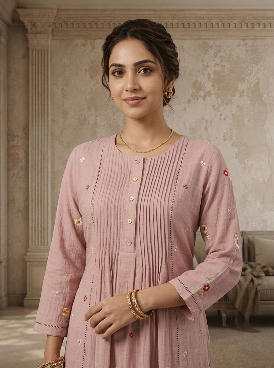 Baby Pink Rayon Floral Booti Embroidered Kurta