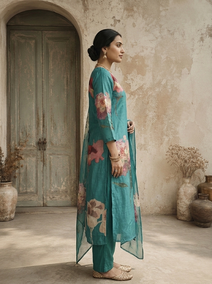 Teal Blue Silk Watercolor Floral Printed Three Piece Set