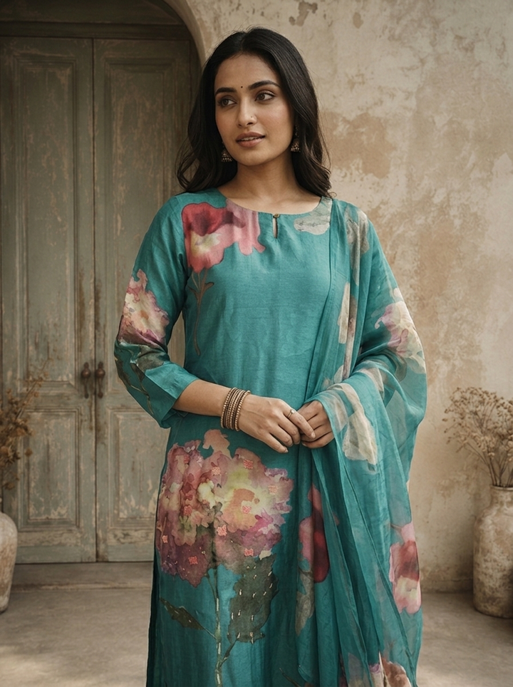 Teal Blue Silk Watercolor Floral Printed Three Piece Set