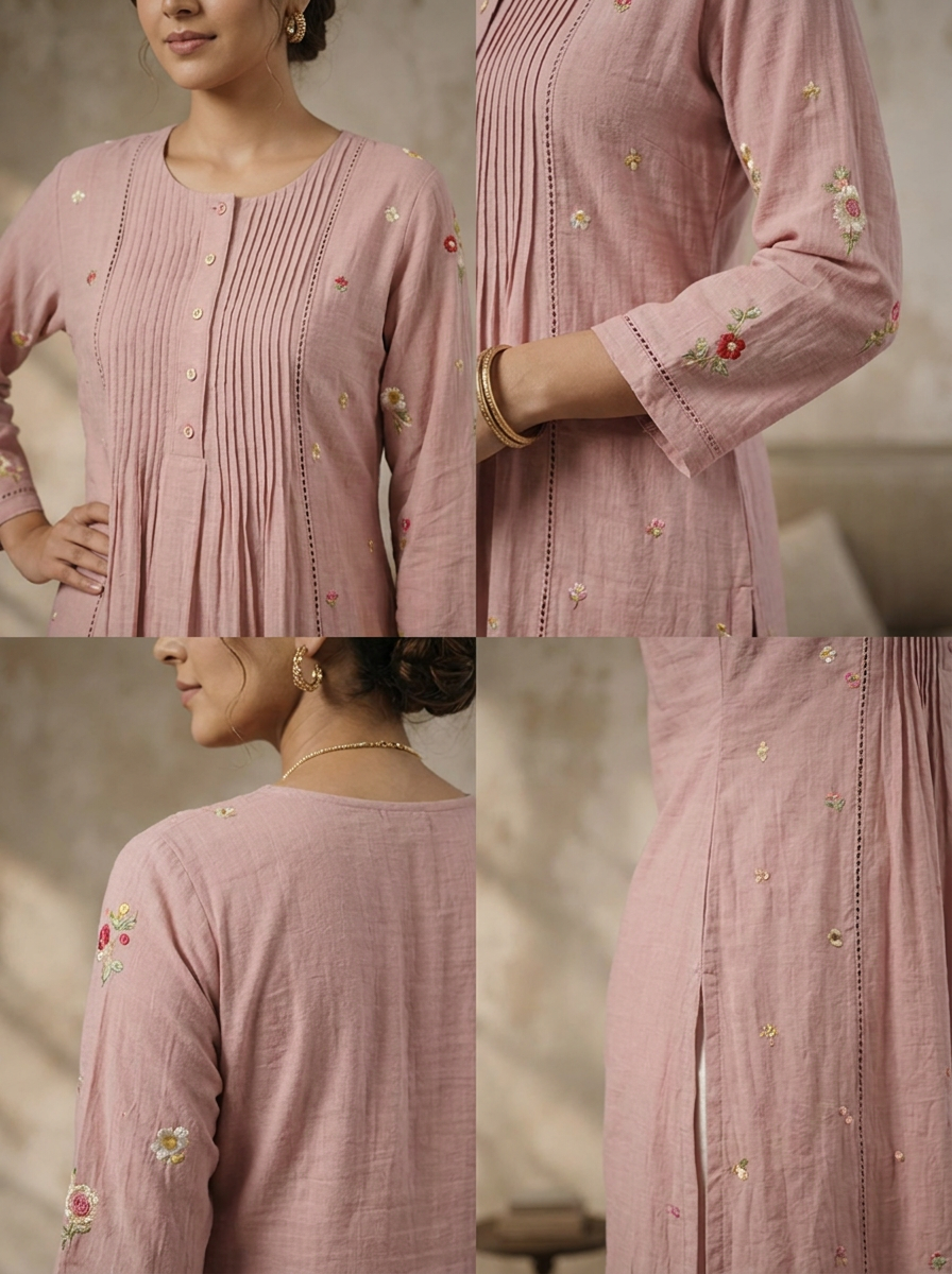 Baby Pink Rayon Floral Booti Embroidered Kurta