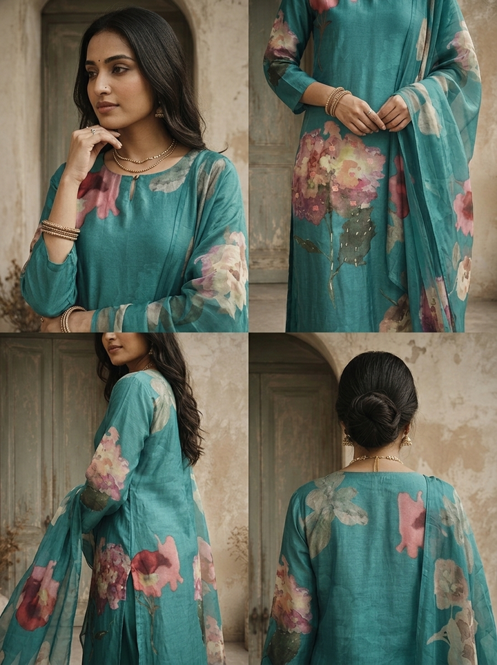 Teal Blue Silk Watercolor Floral Printed Three Piece Set