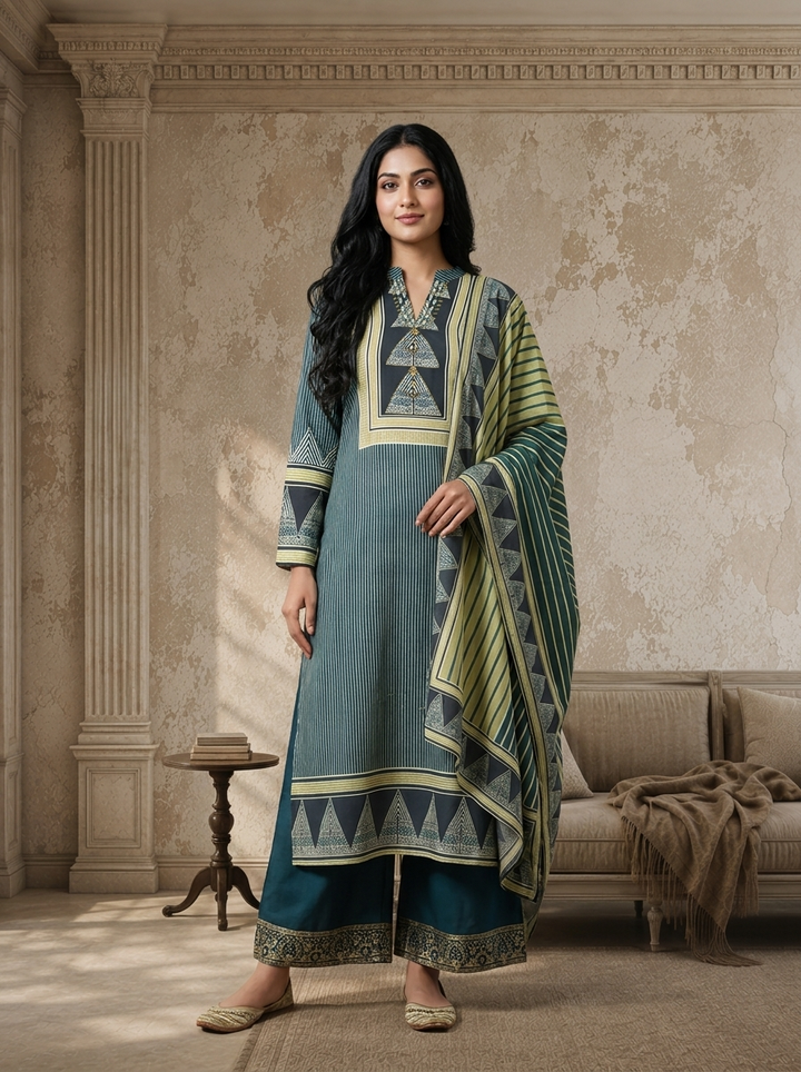 Grey Crepe Tribal Patchwork Printed Three Piece Set