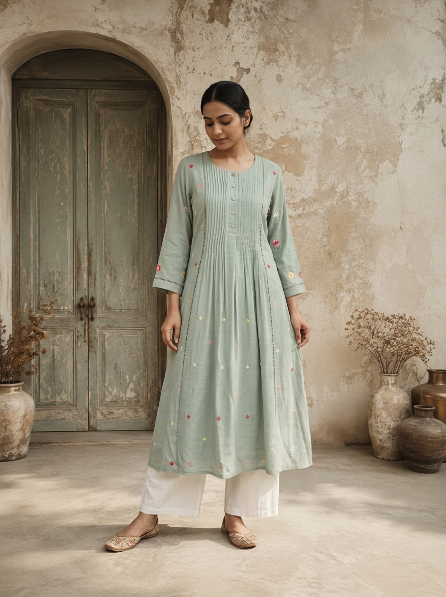 Mint Rayon Floral Booti Embroidered Kurta