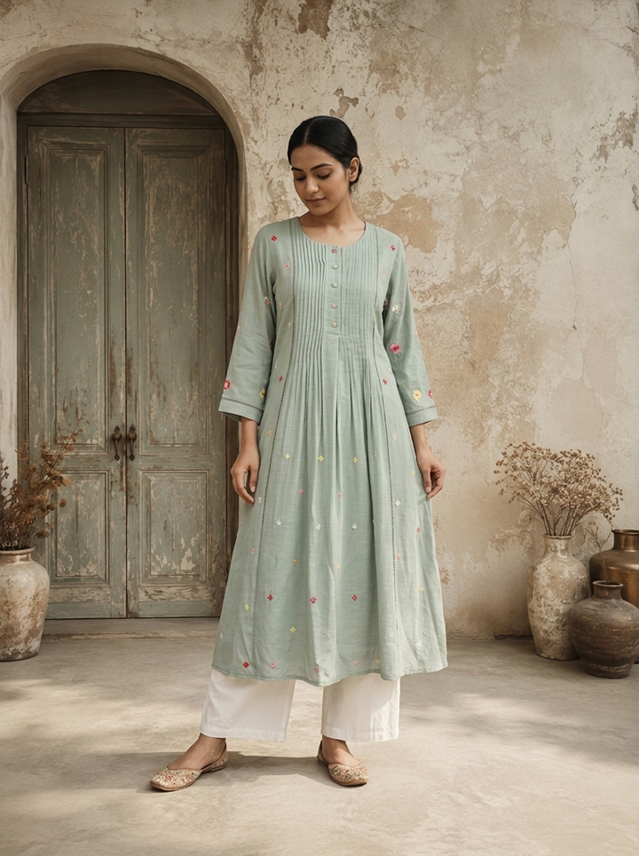 Mint Rayon Floral Booti Embroidered Kurta