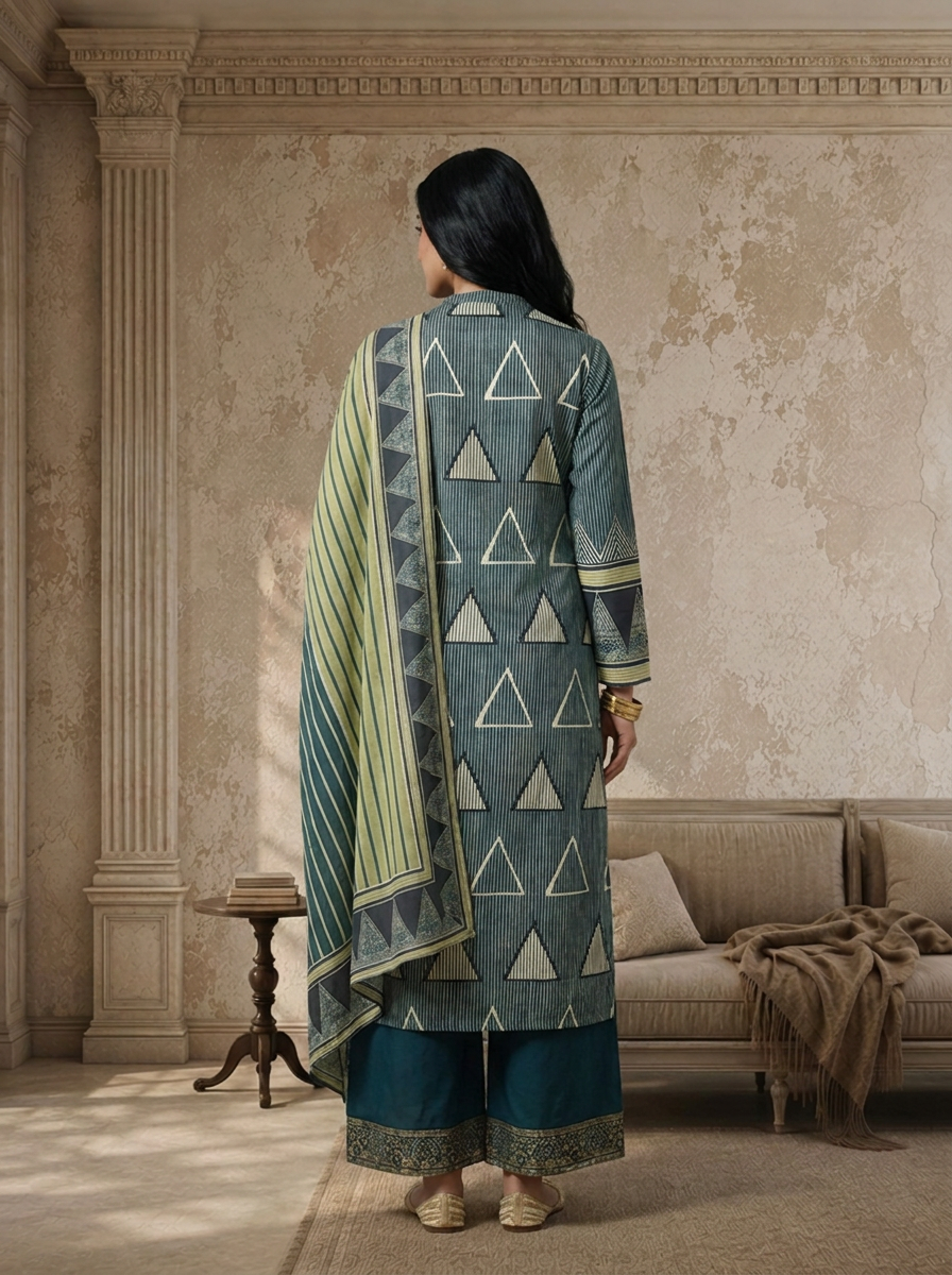 Grey Crepe Tribal Patchwork Printed Three Piece Set
