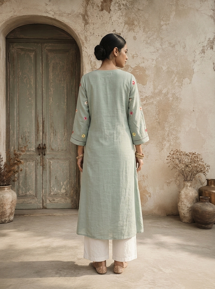 Mint Rayon Floral Booti Embroidered Kurta