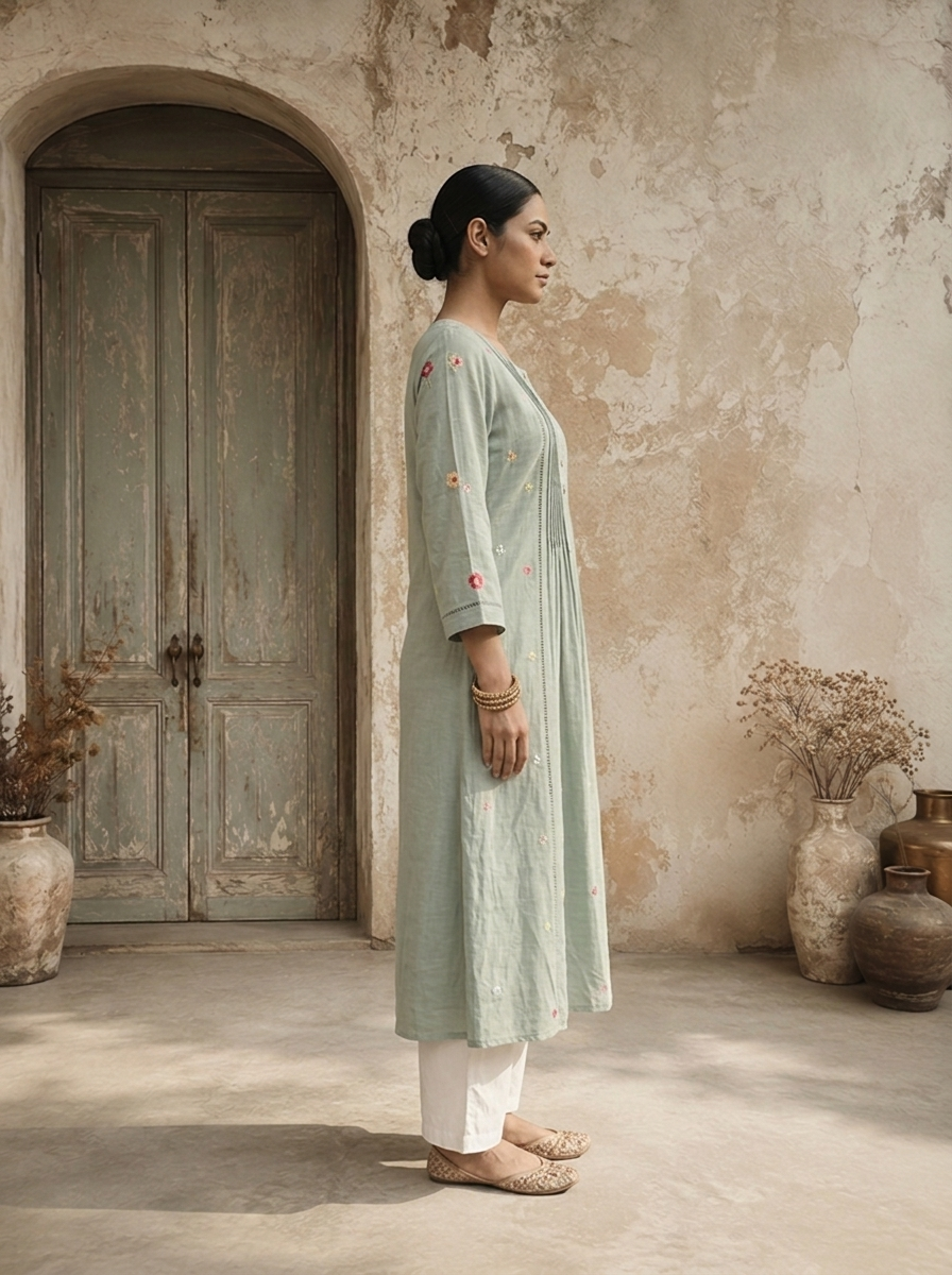 Mint Rayon Floral Booti Embroidered Kurta