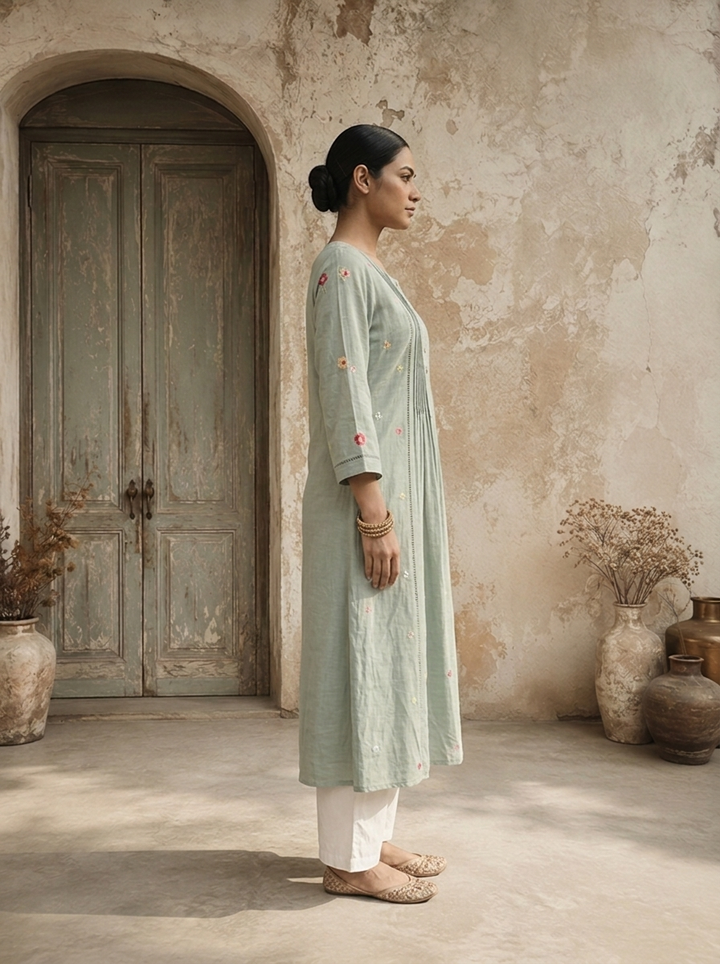 Mint Rayon Floral Booti Embroidered Kurta