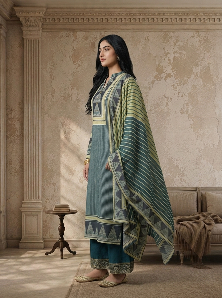Grey Crepe Tribal Patchwork Printed Three Piece Set