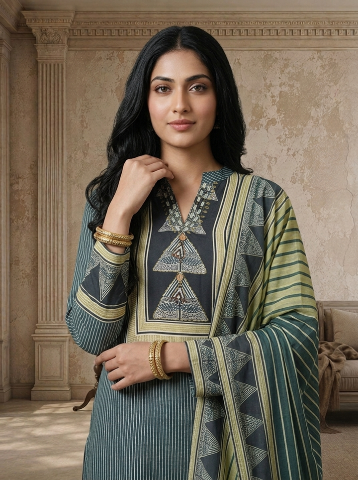 Grey Crepe Tribal Patchwork Printed Three Piece Set