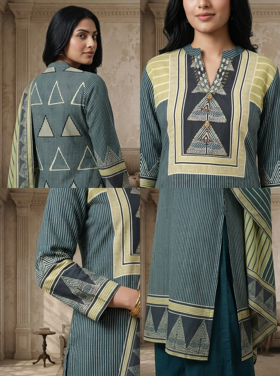 Grey Crepe Tribal Patchwork Printed Three Piece Set