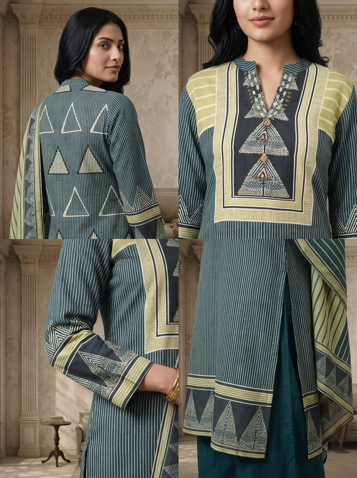 Grey Crepe Tribal Patchwork Printed Three Piece Set