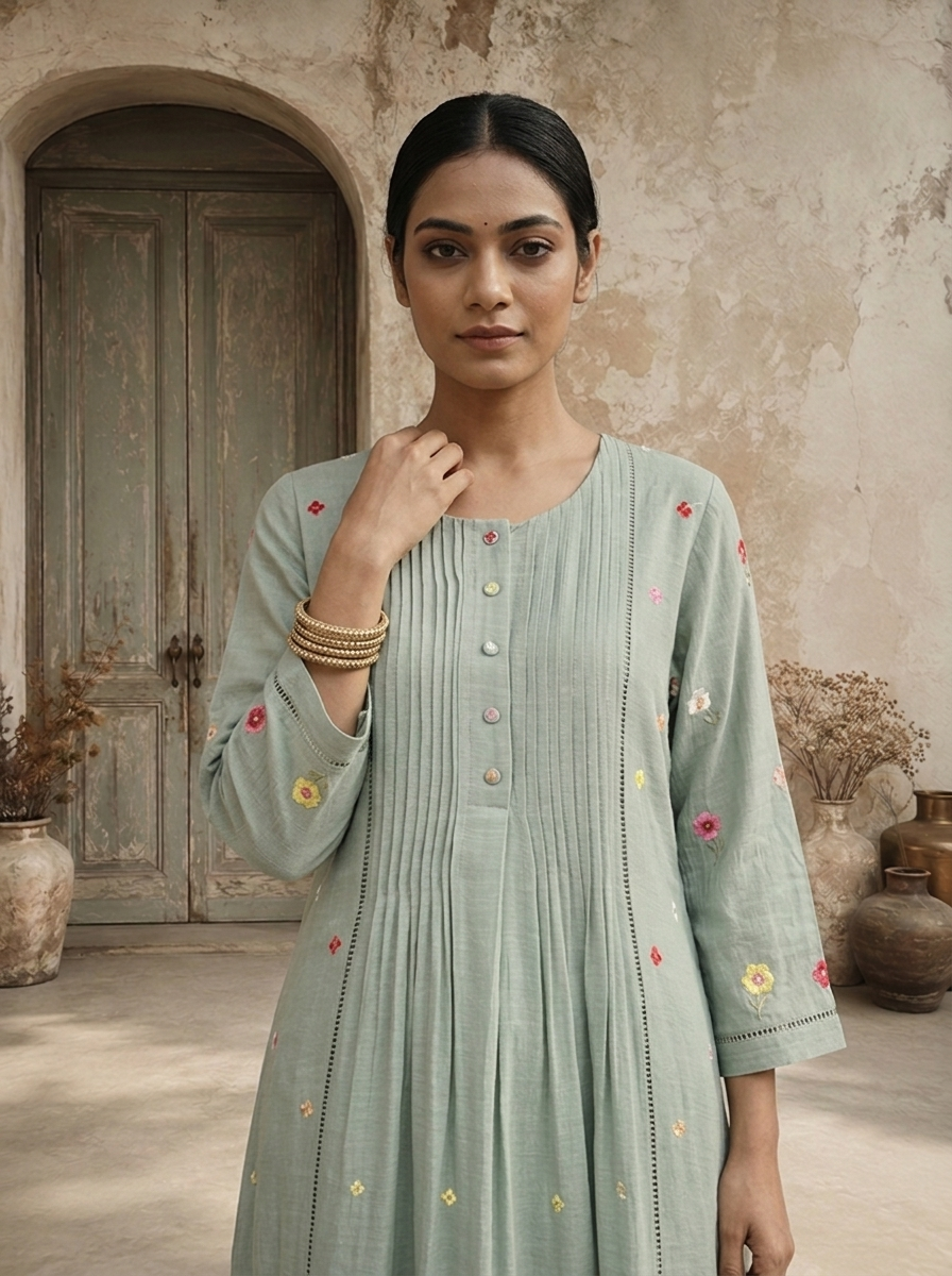 Mint Rayon Floral Booti Embroidered Kurta