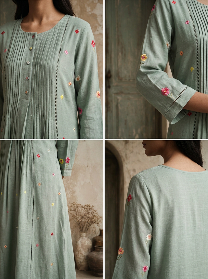 Mint Rayon Floral Booti Embroidered Kurta