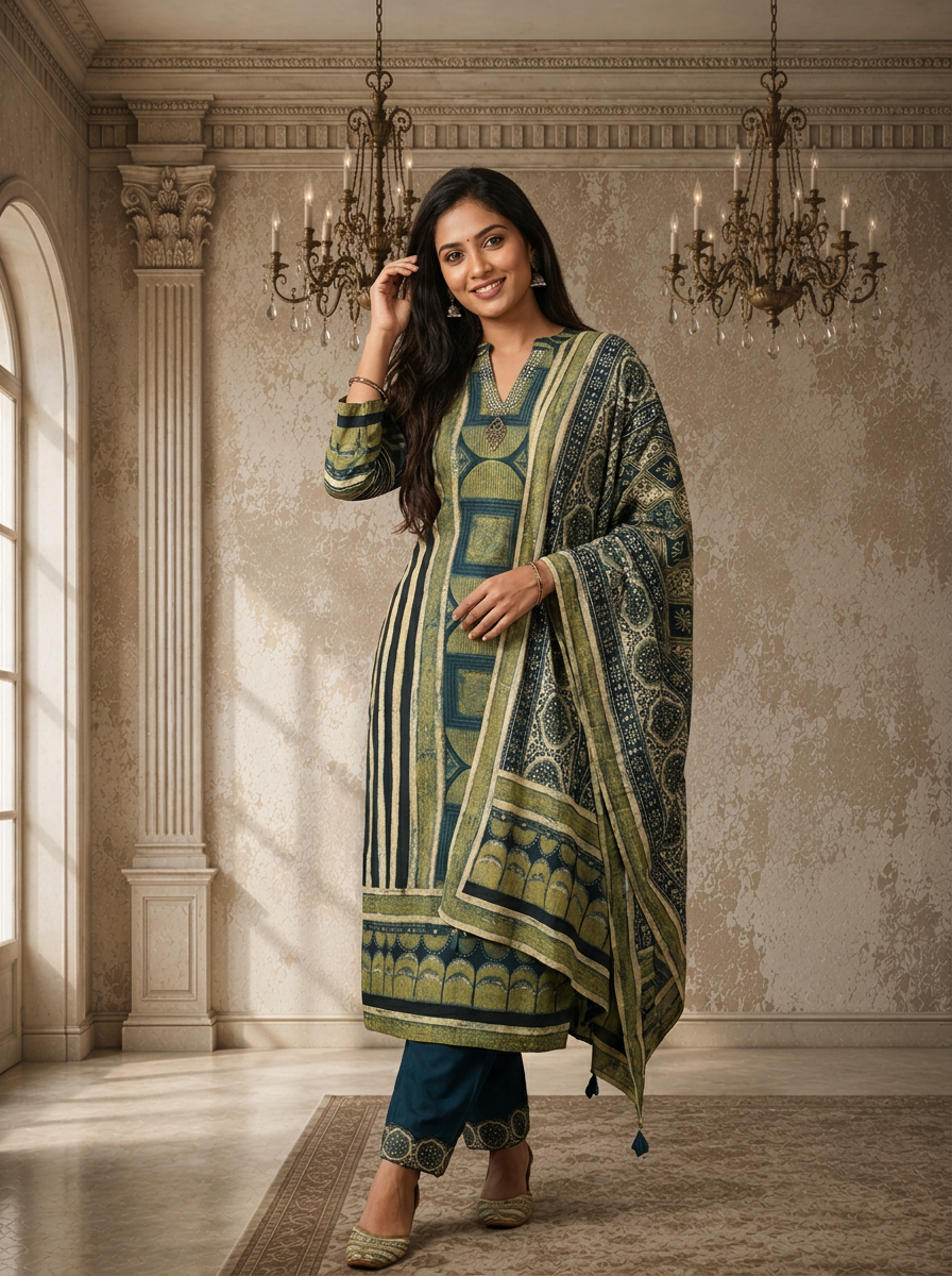 Navy Blue Crepe Patchwork Block Printed Three Piece Set