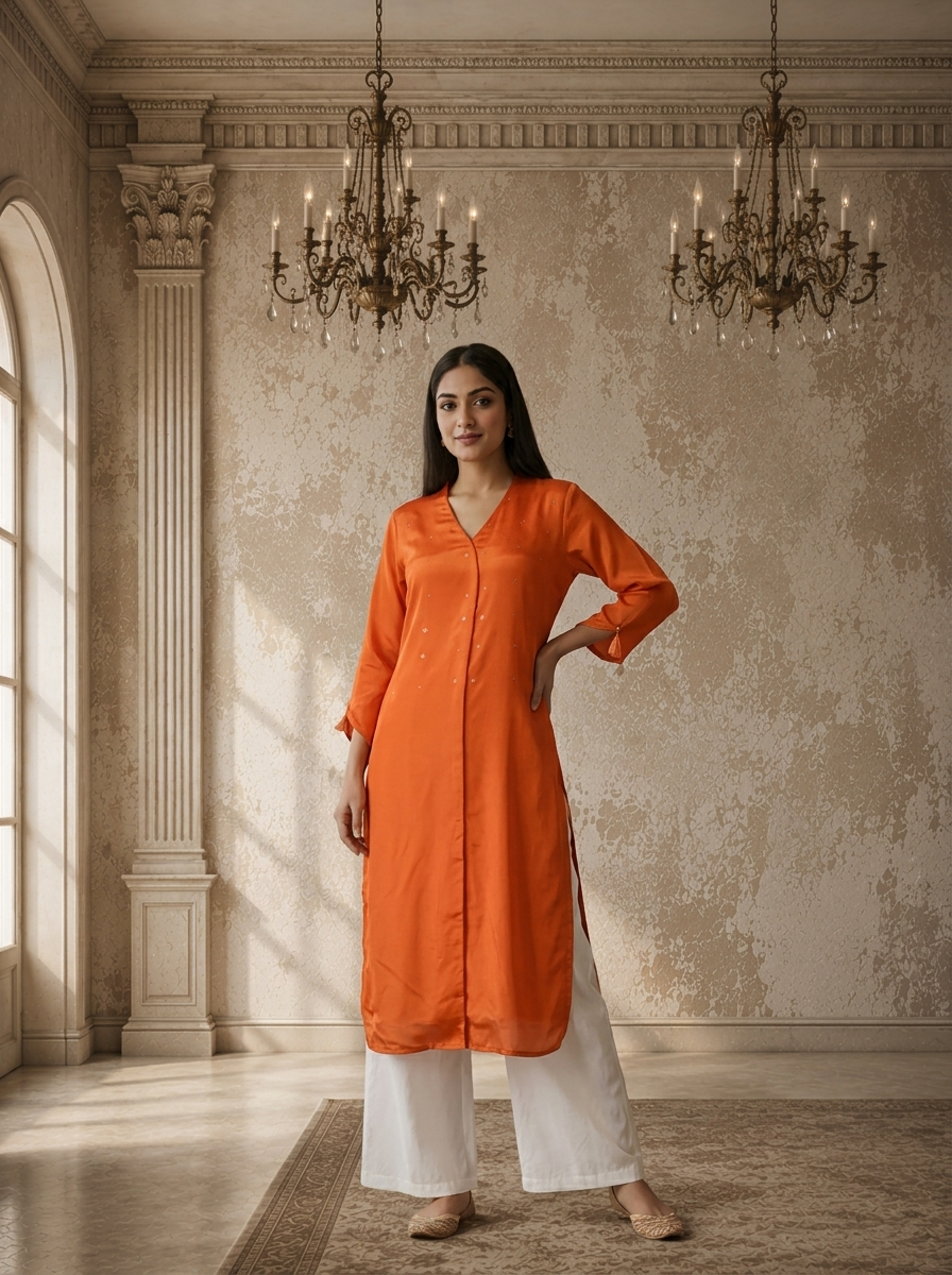 Burnt Orange Rayon Solid Angrakha Kurta With Mid Slit