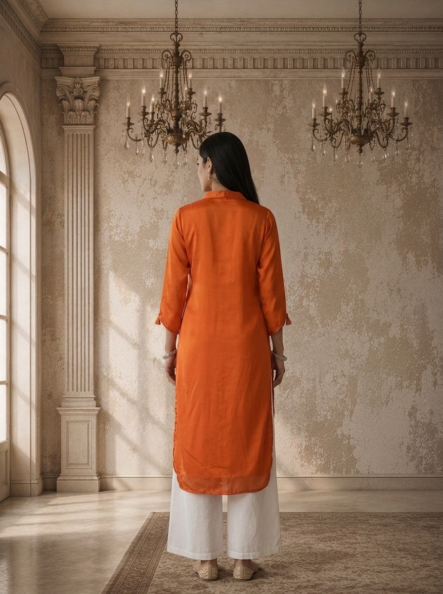 Burnt Orange Rayon Solid Angrakha Kurta With Mid Slit