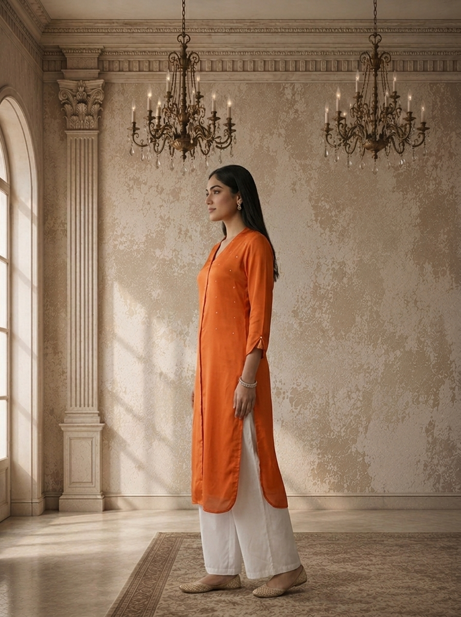 Burnt Orange Rayon Solid Angrakha Kurta With Mid Slit