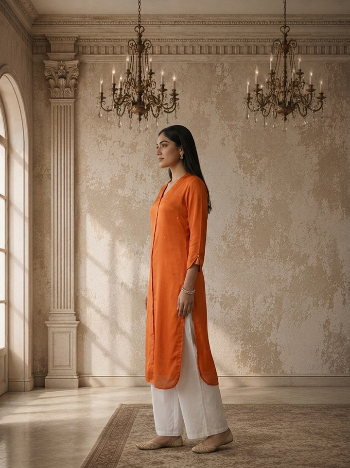 Burnt Orange Rayon Solid Angrakha Kurta With Mid Slit