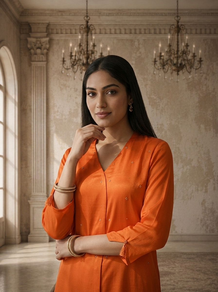Burnt Orange Rayon Solid Angrakha Kurta With Mid Slit