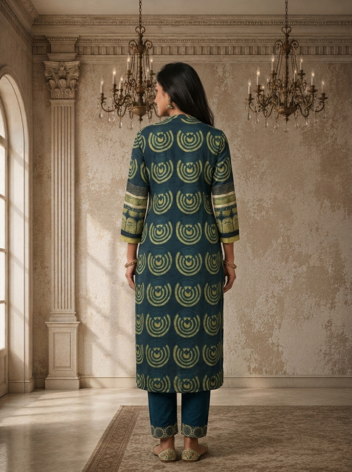 Navy Blue Crepe Patchwork Block Printed Three Piece Set