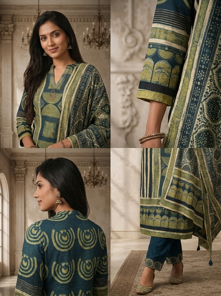 Navy Blue Crepe Patchwork Block Printed Three Piece Set