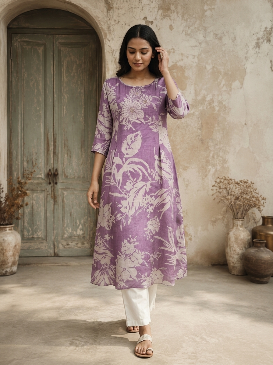 Lavender Muslin Tropical Botanical Printed Kurta