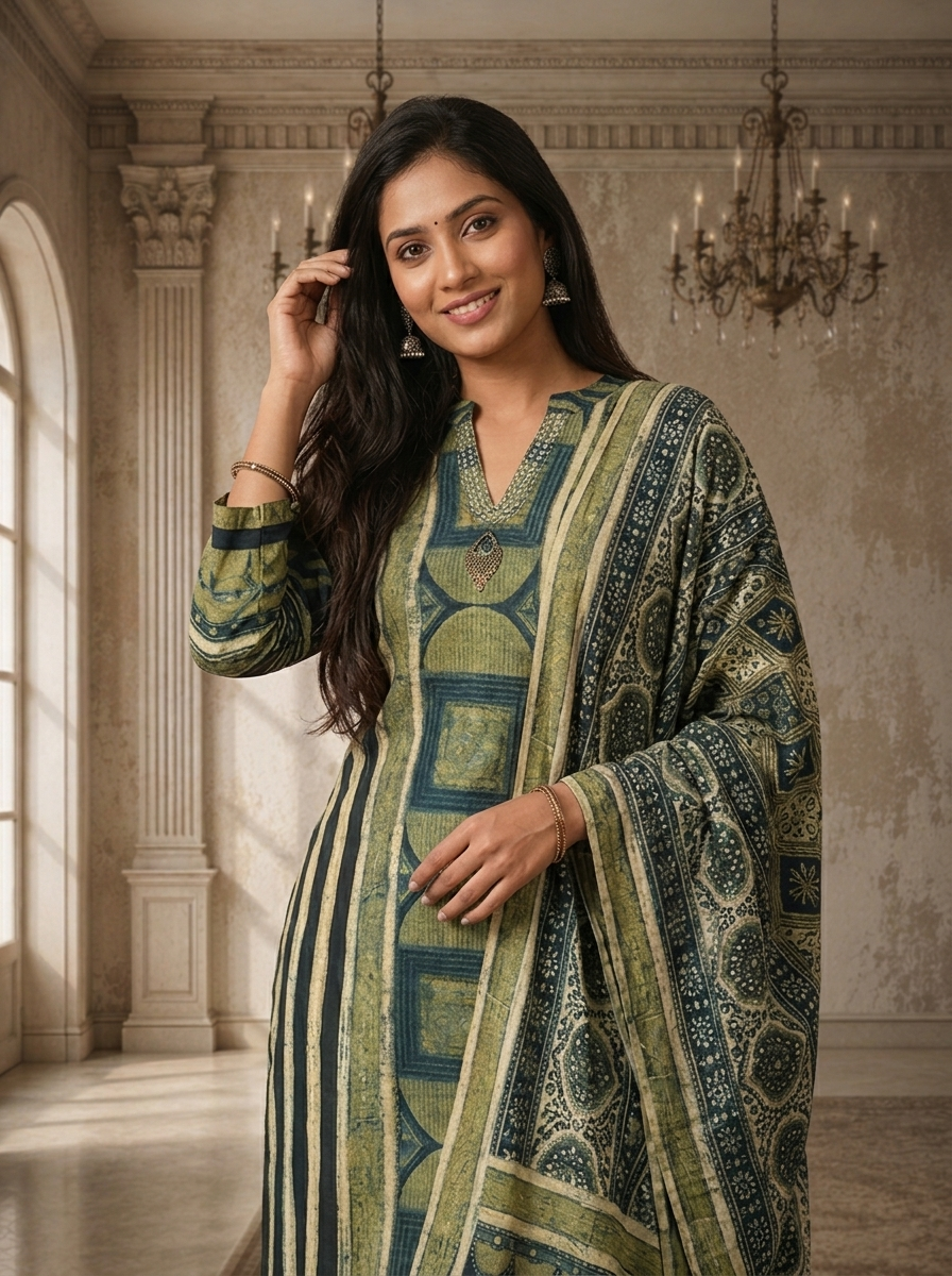Navy Blue Crepe Patchwork Block Printed Three Piece Set