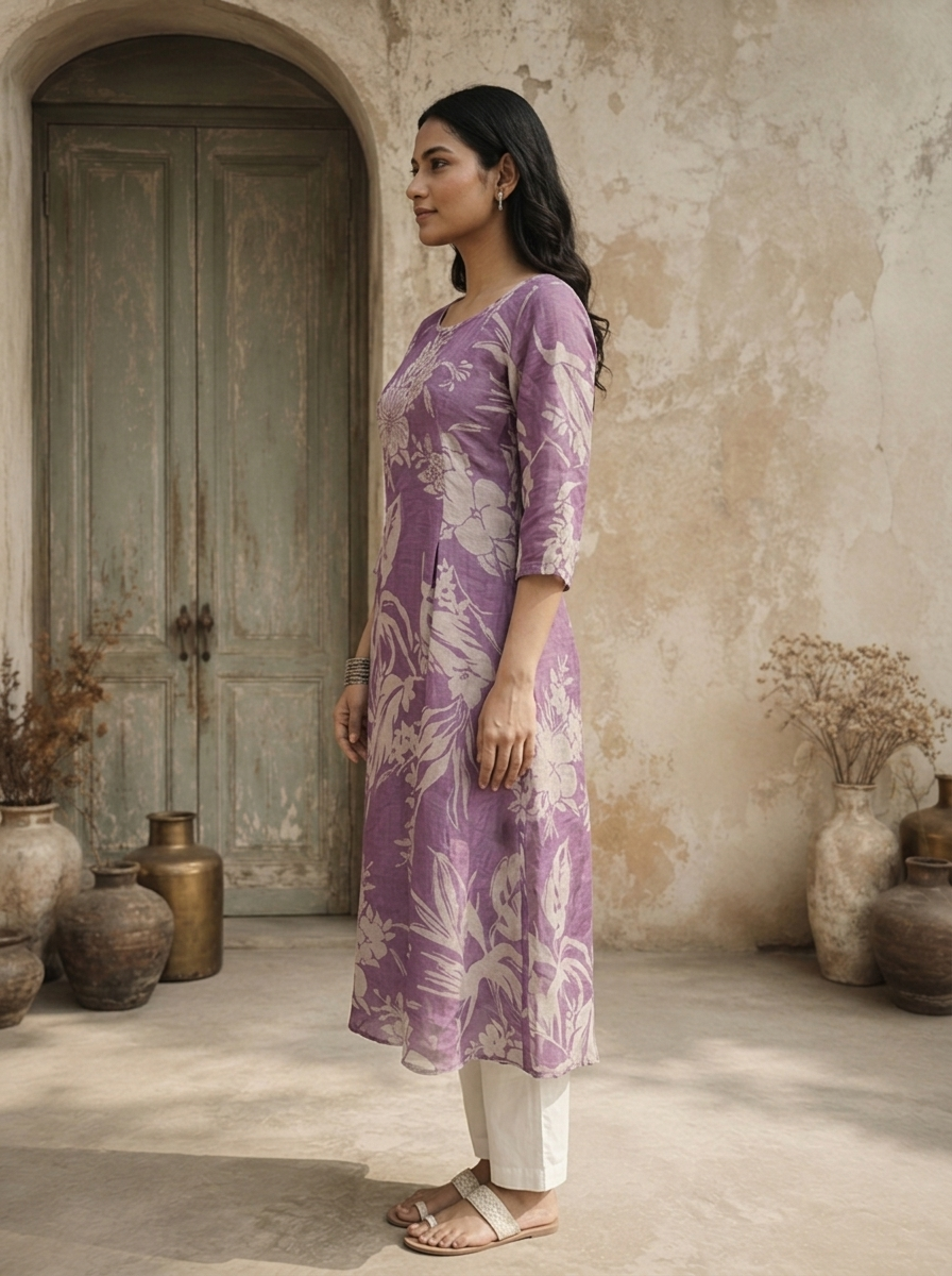Lavender Muslin Tropical Botanical Printed Kurta