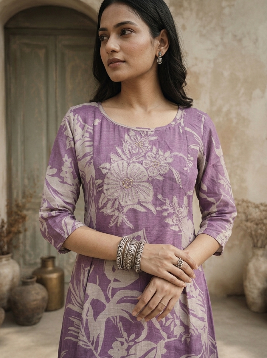Lavender Muslin Tropical Botanical Printed Kurta