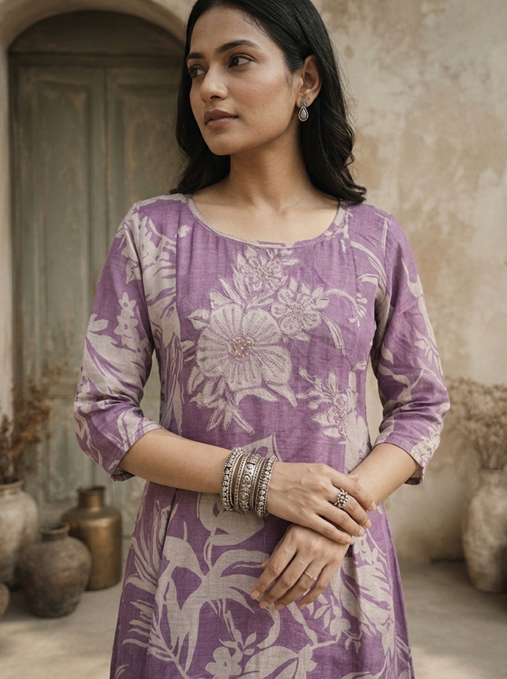 Lavender Muslin Tropical Botanical Printed Kurta