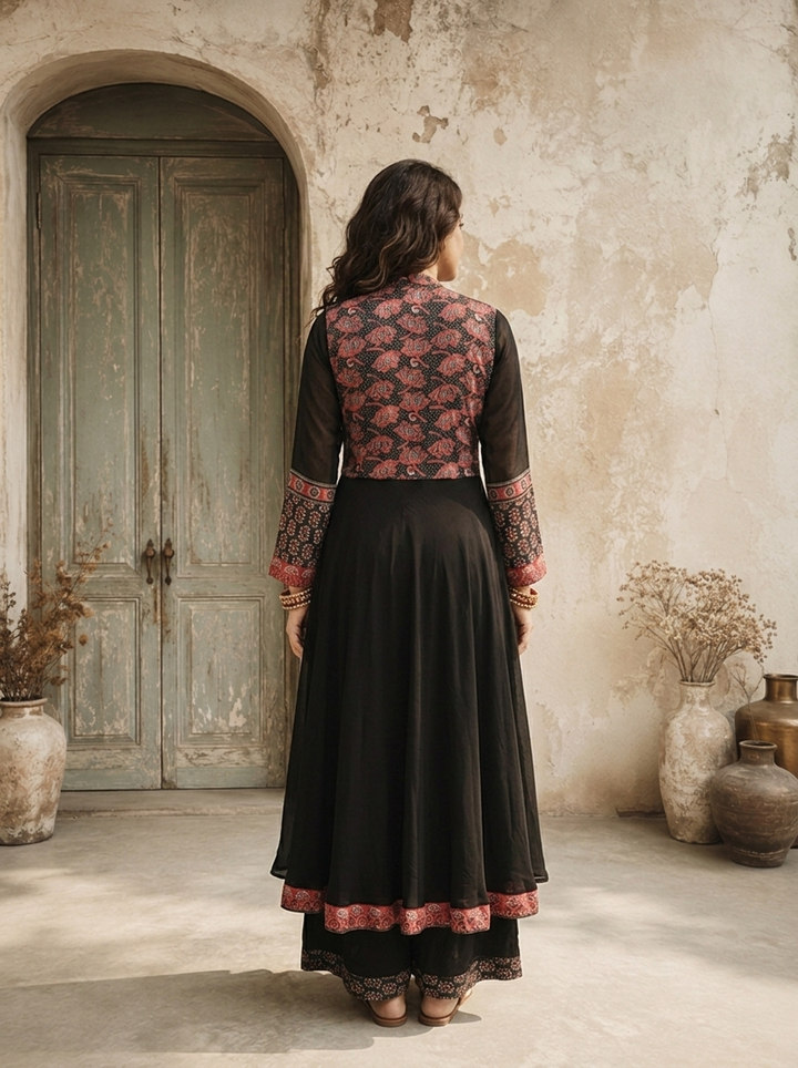 Black Georgette Block Printed Three Piece Set