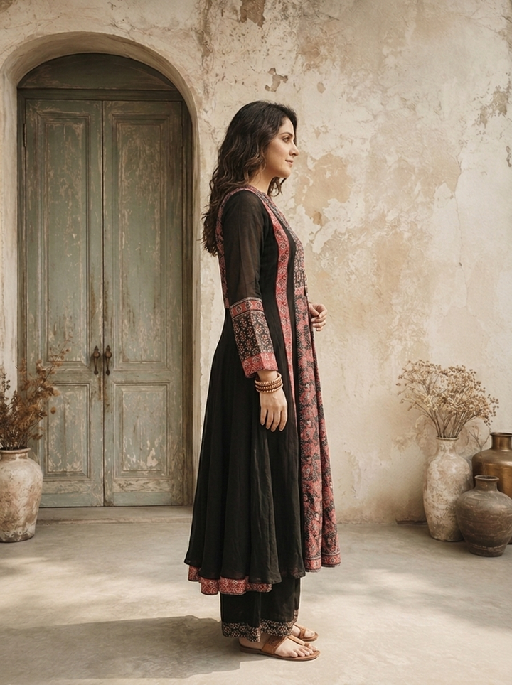 Black Georgette Block Printed Three Piece Set