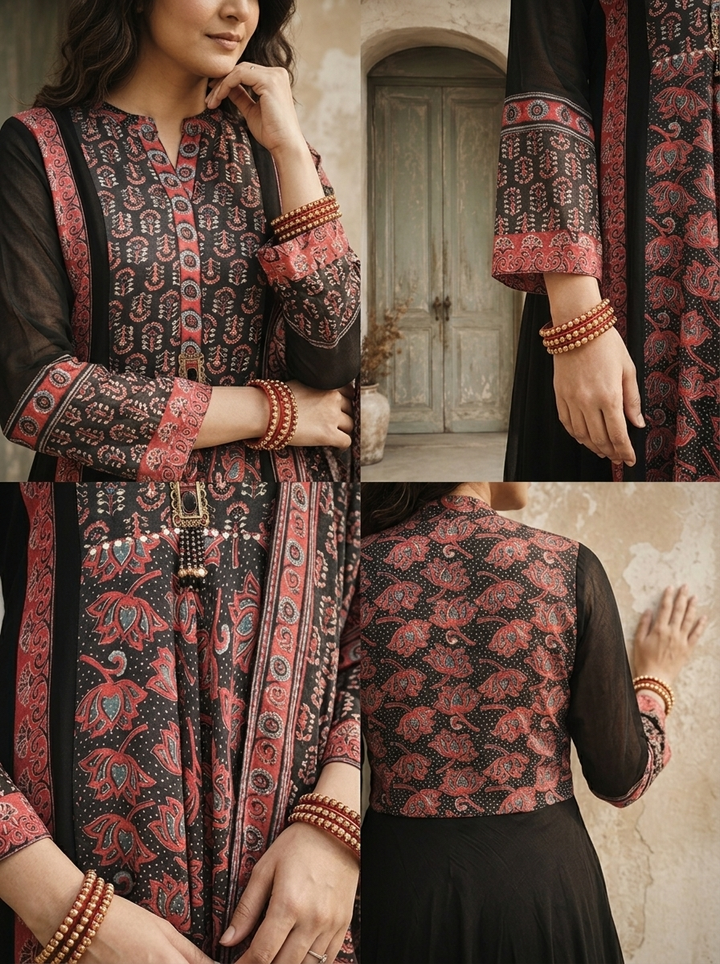 Black Georgette Block Printed Three Piece Set